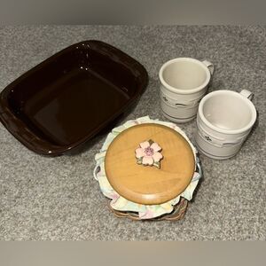 Longaberger Pottery/Basket Square Baker, Mugs, Basket lot‎
